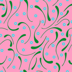 Decorative pattern. Blue circles and green lines on a pink background.