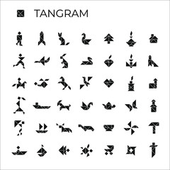Fototapeta na wymiar Vector set of tangrams consisting of 42 illustrations. Isolated icons on a white background. Tangram children brain game cutting transformation puzzle vector set.