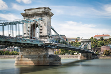 The majestic Budapest Chain Bridge, opened in 1849, in a wonderful sunny day, Hungary summer 2019