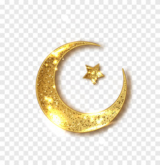 Ramadan decoration isolated. Gold shiny glitter glowing half moon with star isolated. Crescent Islamic for Ramadan Kareem design element. Vector illustration © Southsticks