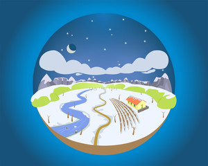 Snowy landscape of a countryside house at a winter season by night