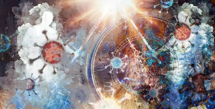 Coronavirus. Clock showing five minutes to twelve. Time to stop and realize the values of life. 2019-ncov