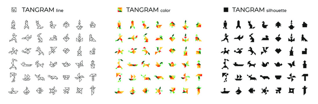 Vector set of tangrams consisting of line, color and silhouette illustrations. Isolated icons on a white background. Tangram children brain game cutting transformation puzzle vector set.