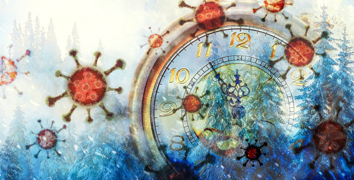 Coronavirus. Clock showing five minutes to twelve. Time to stop and realize the values of life. 2019-ncov