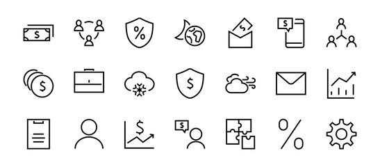 Set of business vector line icons. It contains user symbols, dollar pictograms, gears, briefcase, puzzles, envelope, percentage, messages, schedule, and more. Editable Bar 460x460 pixels.