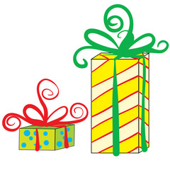 two boxes with red green ribbons, boxes with stripes, isolated object on a white background, vector illustration,