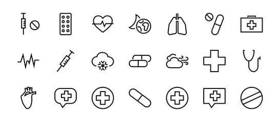 Simple Set of Medicine, Pills Related Vector Line Icons. Contains icons such as Pain, Syringe, tablet and more. Editable stroke. 480x480 pixels perfect, on a white background