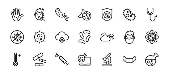 CORONAVIRUS a set of icons on the theme of Coronavirus, contains such icons as nucleation, hand washing, mask, bacteria, sneezing, Editable stroke, on a white background