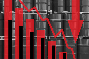 The fall in the value of crude oil. Concept - The demand for crude oil is declining. Red graph on...