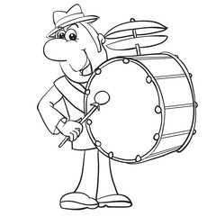 a man in a hat plays the drum that hangs on the straps on his shoulder, a contour drawing, cartoon, isolated object on a white background, vector illustration,