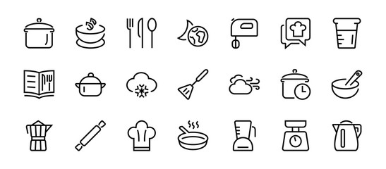 Set of icons for cooking and kitchen, vector lines, contains icons such as a knife, saucepan, boiling time, mixer, scales, recipe book. Editable stroke, perfect 480x480 pixels, white background