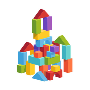Pyramid built from children's cubes. Toy castle for children's play