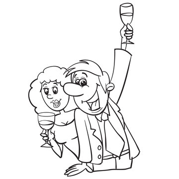man and woman drink champagne, man makes a toast, outline drawing, cartoon, isolated object on a white background, vector illustration,