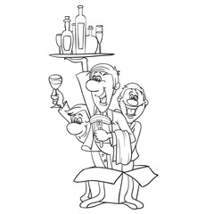 three men crawl out of the box as a surprise along with alcohol many bottles, outline drawing, cartoon, isolated object on a white background, vector illustration,