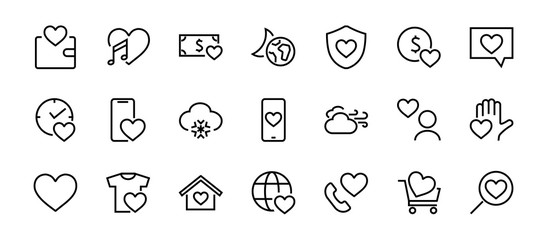  The set of icons about love contains such icons as love of music, declaration of love, heart, favorite home, Linear set. Vector on a white background. Editable stroke. 480x480