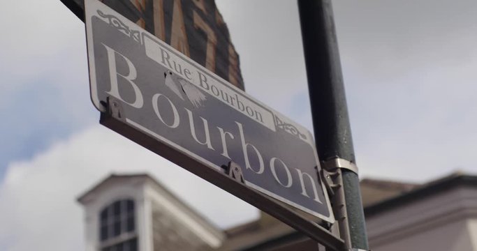 Close up of New Orleans Bourbon Street sign with NOLA Decor in the background as they move in slow motion.