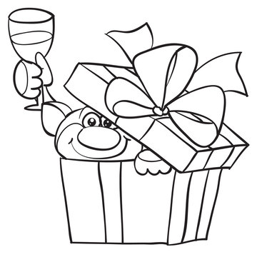 a cat peeks out of the box with a surprise and holds a glass of champagne in his paw, outline drawing, cartoon, isolated object on a white background, vector illustration,
