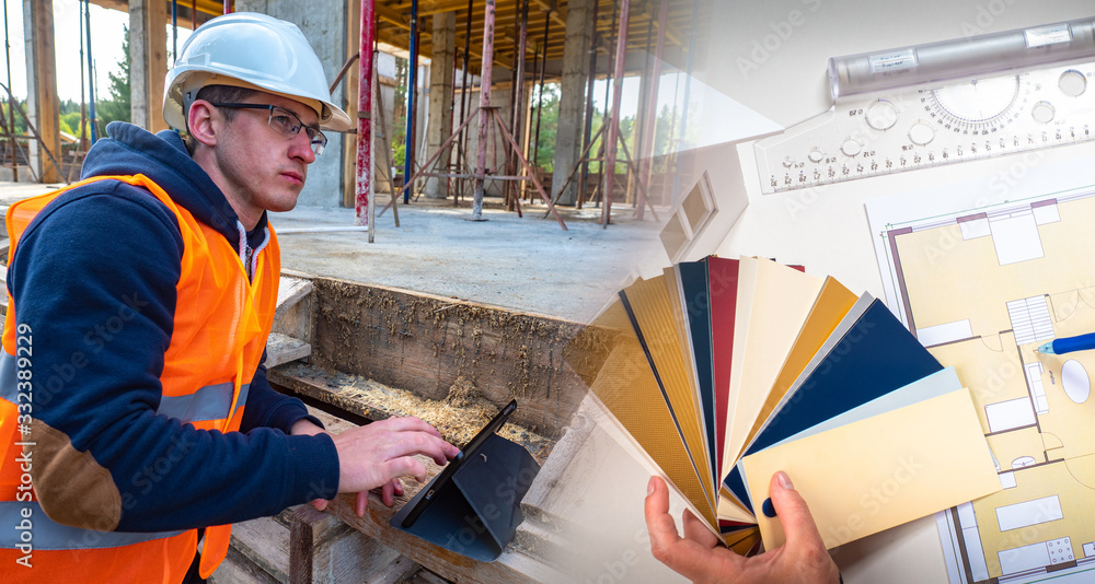 Poster the builder orders building materials through the tablet. concept - builder orders a laminate. the f