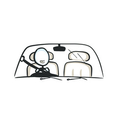 Man in car. Driving a vehicle. Safety belt fastened. Hand drawn. Stickman cartoon. Doodle sketch, Vector graphic illustration