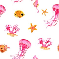 Seamless watercolor pattern. Corals, jellyfish, starfish, tropical fish, seahorse on a white background. Perfect for textiles, wrapping paper, wallpaper, design..