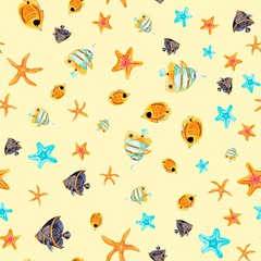 Seamless watercolor pattern. Coral fish, starfish, butterfly fish on a yellow background. Perfect for textiles, wrapping paper, wallpaper, design.