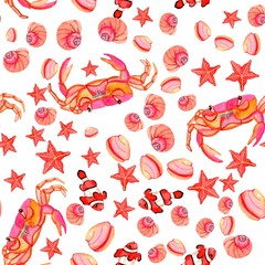 Seamless watercolor pattern. Crabs, clown fish, starfish, shells on a white background. Perfect for textiles, wrapping paper, wallpaper, design..