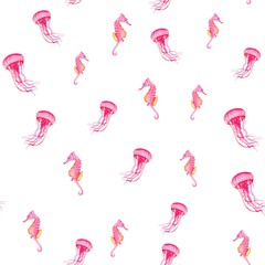 Seamless watercolor pattern. Coral seahorses and jellyfish on a white background. Perfect for textiles, wrapping paper, wallpaper, design..