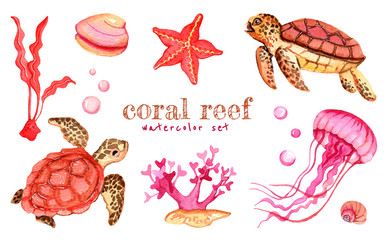 Watercolor set of isolated marine inhabitants. Perfect for logo, wallpaper, postcard, poster, sticker, design.