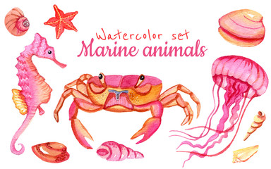 Watercolor set of isolated marine inhabitants. Perfect for logo, wallpaper, postcard, poster, sticker, design.