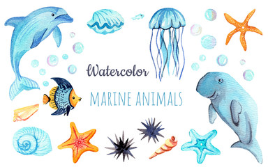 Watercolor set of isolated marine inhabitants. Perfect for logo, wallpaper, postcard, poster, sticker, design.