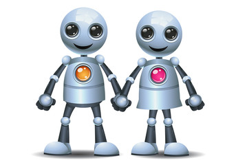 3d illustration of little robot couple holding hand