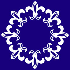 Decorative pattern with frames, wreaths of abstract elements. White figures on a blue background. Vector illustration