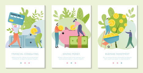 Successful people invest money, financial banking concept, savings and profit, vector illustration. Set of banners with tiny cartoon characters in flat style, symbols of economy growth and investments