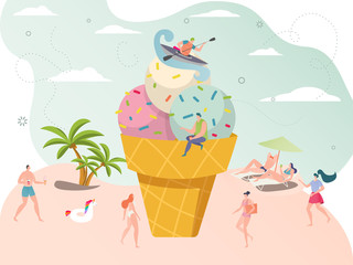 Summer time ice cream concept, tiny people enjoy vacation on seaside beach, vector illustration. Men and women cartoon characters on holiday. Giant ice cream cone, creative advertising poster symbol
