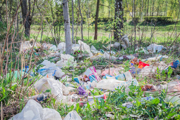 Minsk, Belarus - May 1, 2019: The problem of environmental pollution by plastic waste
