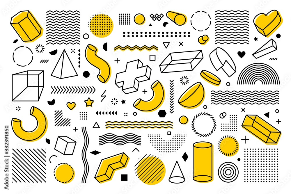 Poster big set of vector geometric shapes. trendy graphic elements design in memphis style.