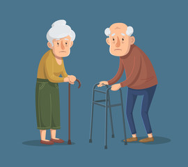 Couple of old people is standing with walking frame and stick. Vector illustration.