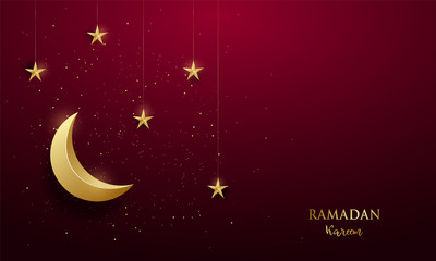 Shiny golden crescent and shiny stars on dark red background or the occasion of Muslim celebrate Ramadan Kareem. Vector greeting banner. - obrazy, fototapety, plakaty