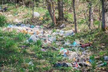 Minsk, Belarus - May 1, 2019: Plastic waste of human activity in the forest on green grass