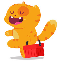 Cute cat with shop basket vector cartoon character isolated on a white background.