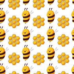 Bee and honeycomb vector cartoon seamless pattern on white background.