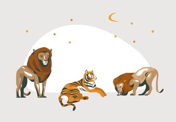 Hand drawn vector abstract cartoon modern graphic African Safari collage illustrations art banner with safari animals isolated on white color background