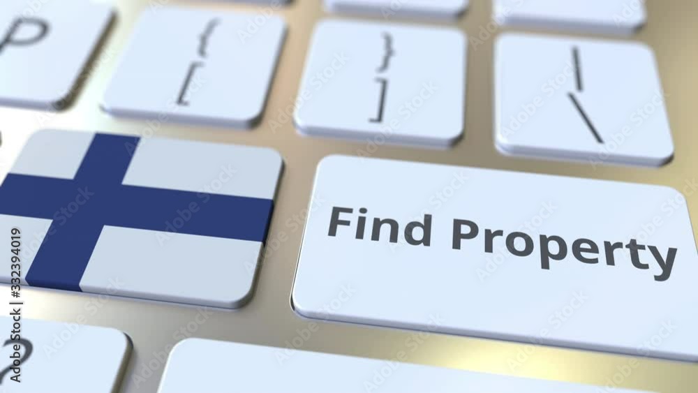 Poster find property text and flag of finland on the keyboard. online real estate service related conceptua