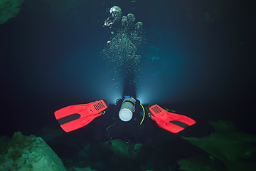diving in the cenotes, mexico, dangerous caves diving on the yucatan, dark cavern landscape...
