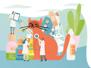 Veterinary clinic concept, doctor with stethoscope examines cat, tiny people team, vector illustration. Pet medical center, animal healthcare hospital. Cartoon characters in flat style, kitten checkup © Vectorwonderland