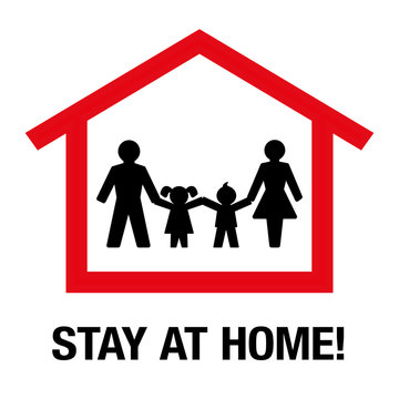 Stay at home symbol. Self quarantine pictogram of a family staying alone in their house. Isolated vector illustration on white background.
