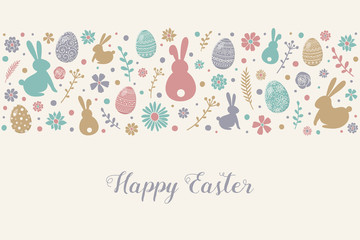 Concept of Easter greeting card with colourful bunnies, eggs and flowers. Vector