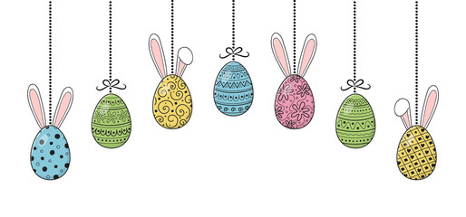 Beautiful hanging Easter eggs with bunnies. Vector