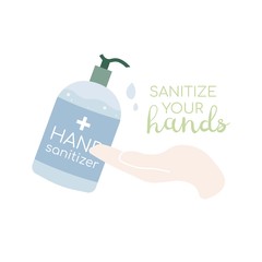 Hand sanitizer bottle isolated. Disinfection. Alcohol gel used against viruses, bacteria, flu, coronavirus, covid-19. Waterless hand cleaner. Hand washing. Vector illustration, flat design.