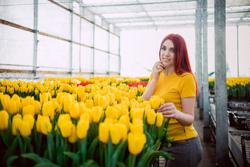 Beautiful woman in long red hair in a greenhouse with yellow tulips. Yellow T-shirt.